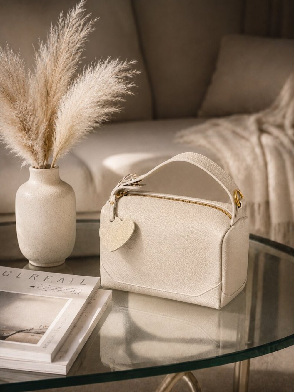 Beige Italian Leather Crossbody Bag, Minimalist Shoulder Purse